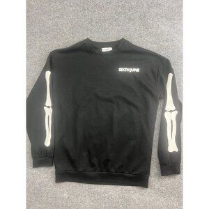 Sixth June Sweatshirt Men's Small Black Skelton Bone Print Double Side Crew Neck